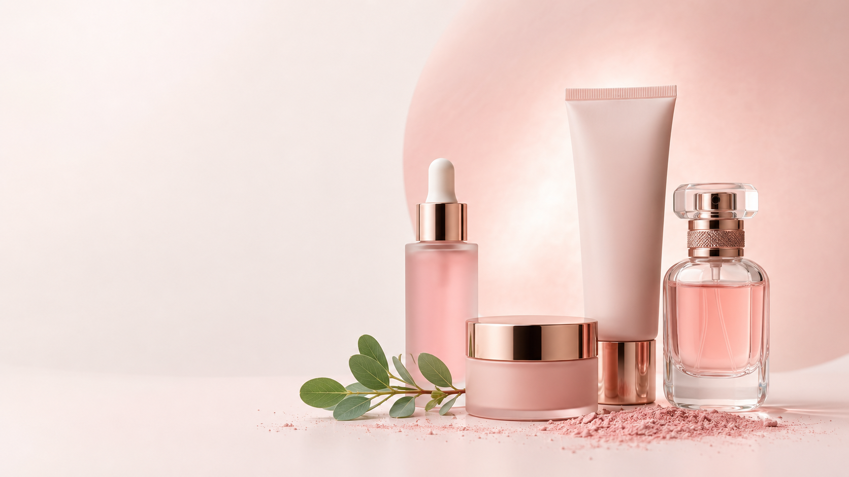 An editorial arrangement of unbranded skincare and cosmetics packaging